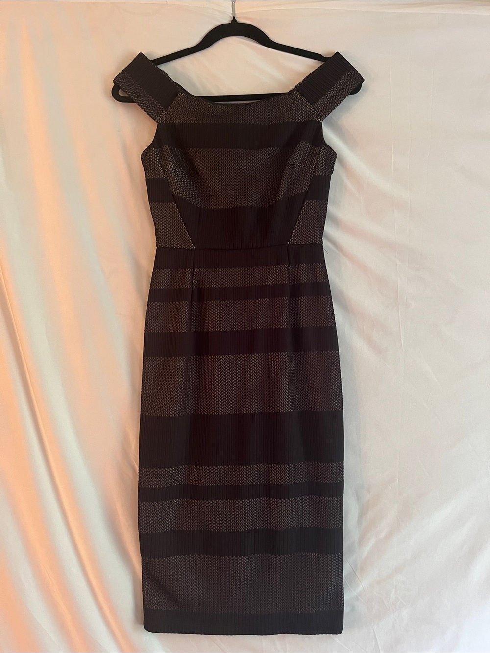 Warehouse Black and Brown Striped Off-Shoulder Midi Dress